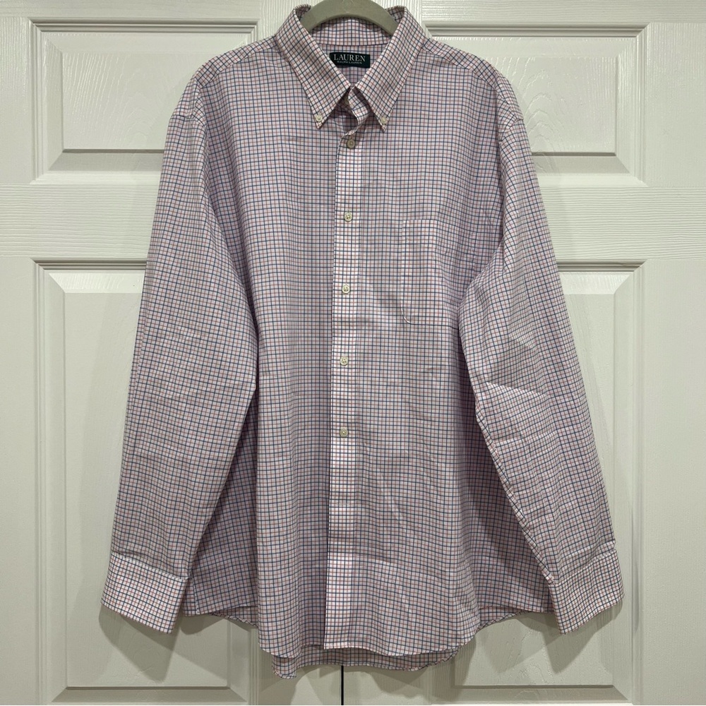LAUREN RALPH LAUREN Check Button Down‎ Blue Pink Mens Size XL Neck: 17 1/2 34/35